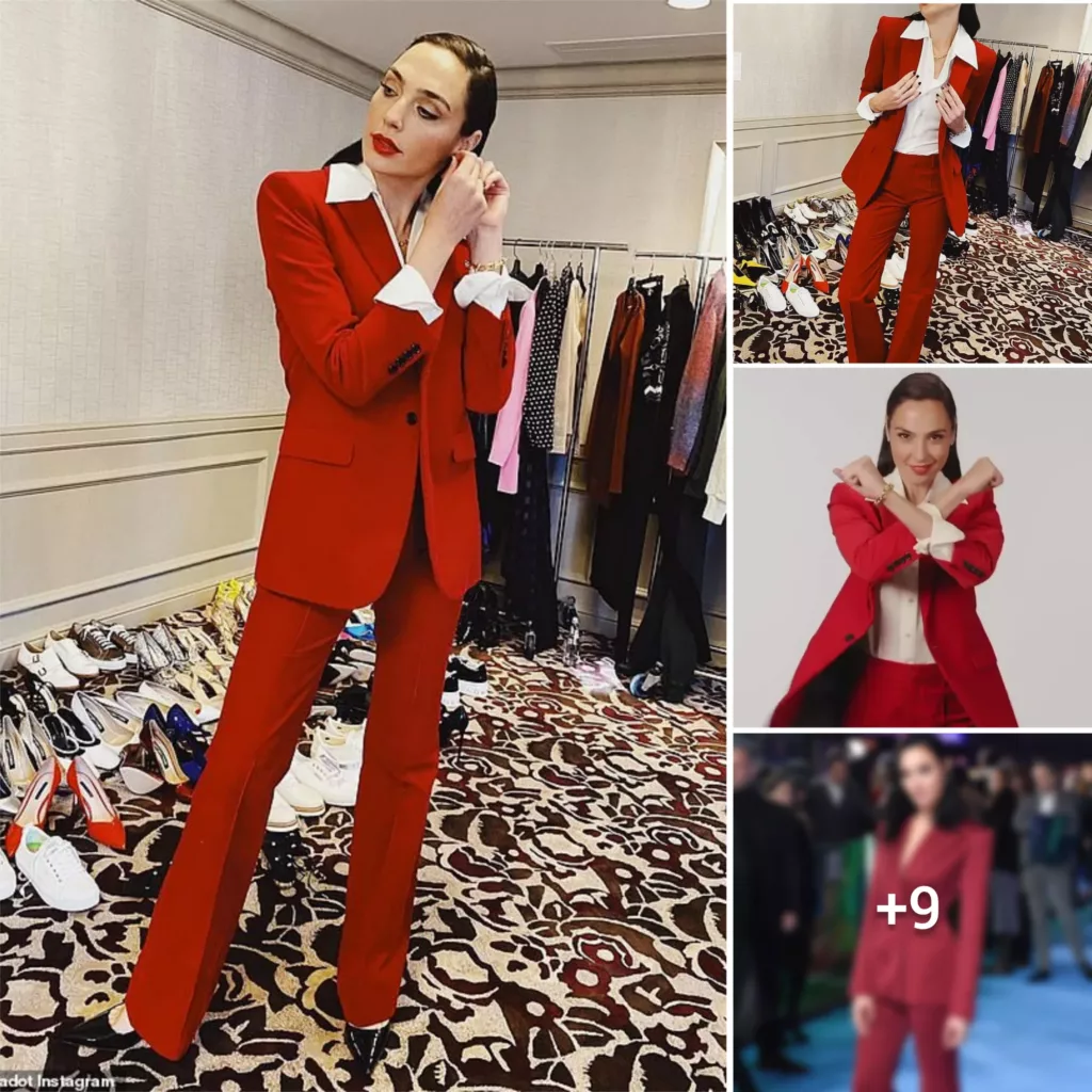 “Red-hot and Ravishing: Gal Gadot stuns in a bold pantsuit ensemble and matching lipstick shade”